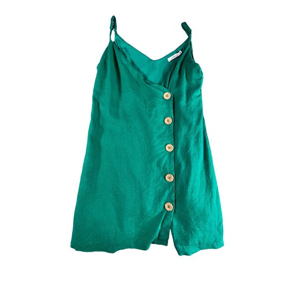 Lush Dress Women Medium Green Spaghetti Strap Mini Linen Button Front Wrap Lined - Picture 1 of 8